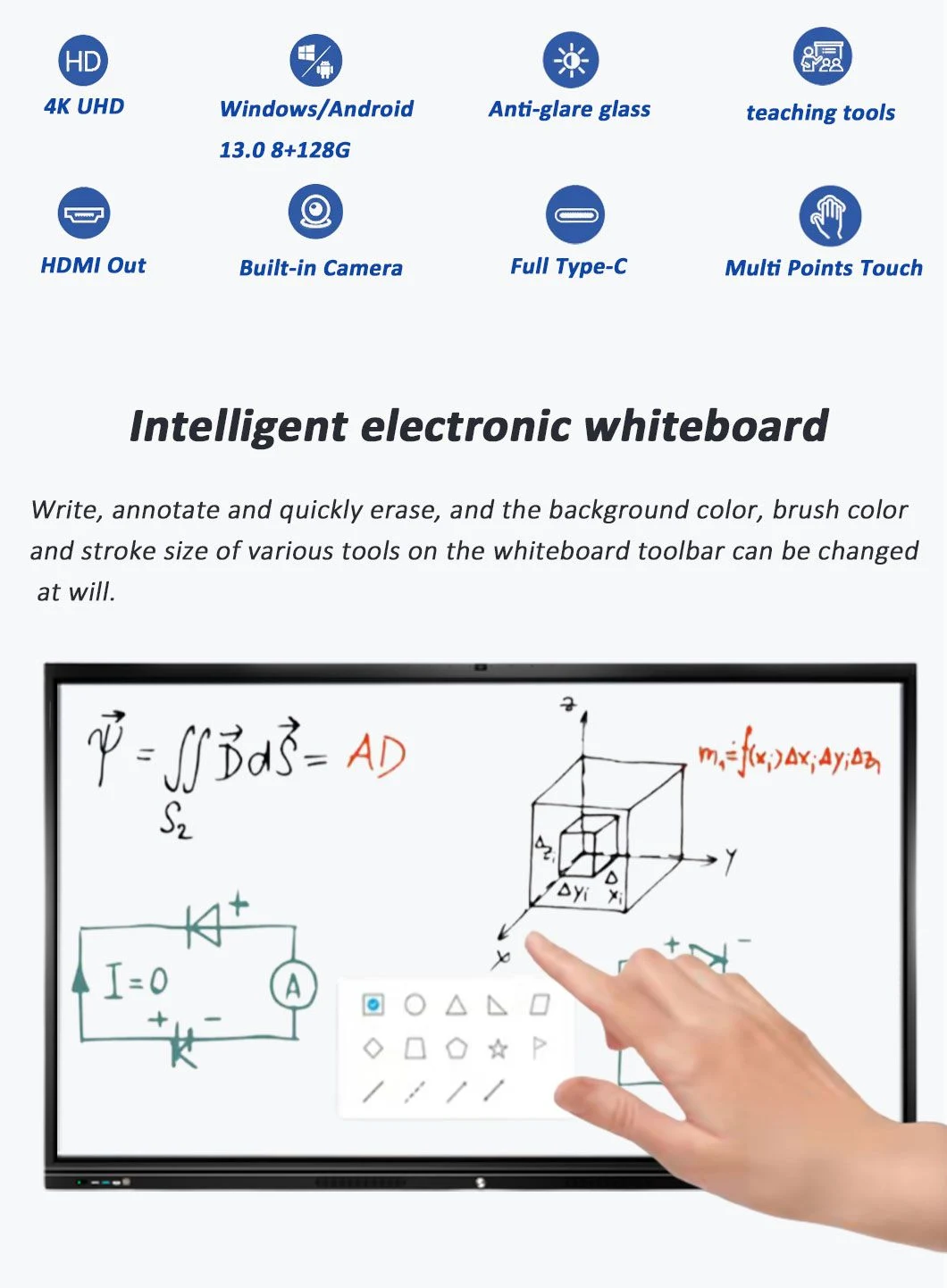 Multi-Functional 4K Dual OS LCD Display Android Windows Anti-Glare 20points Touch Screen Interactive Whiteboard Smart Board for Meeting Room and Schools