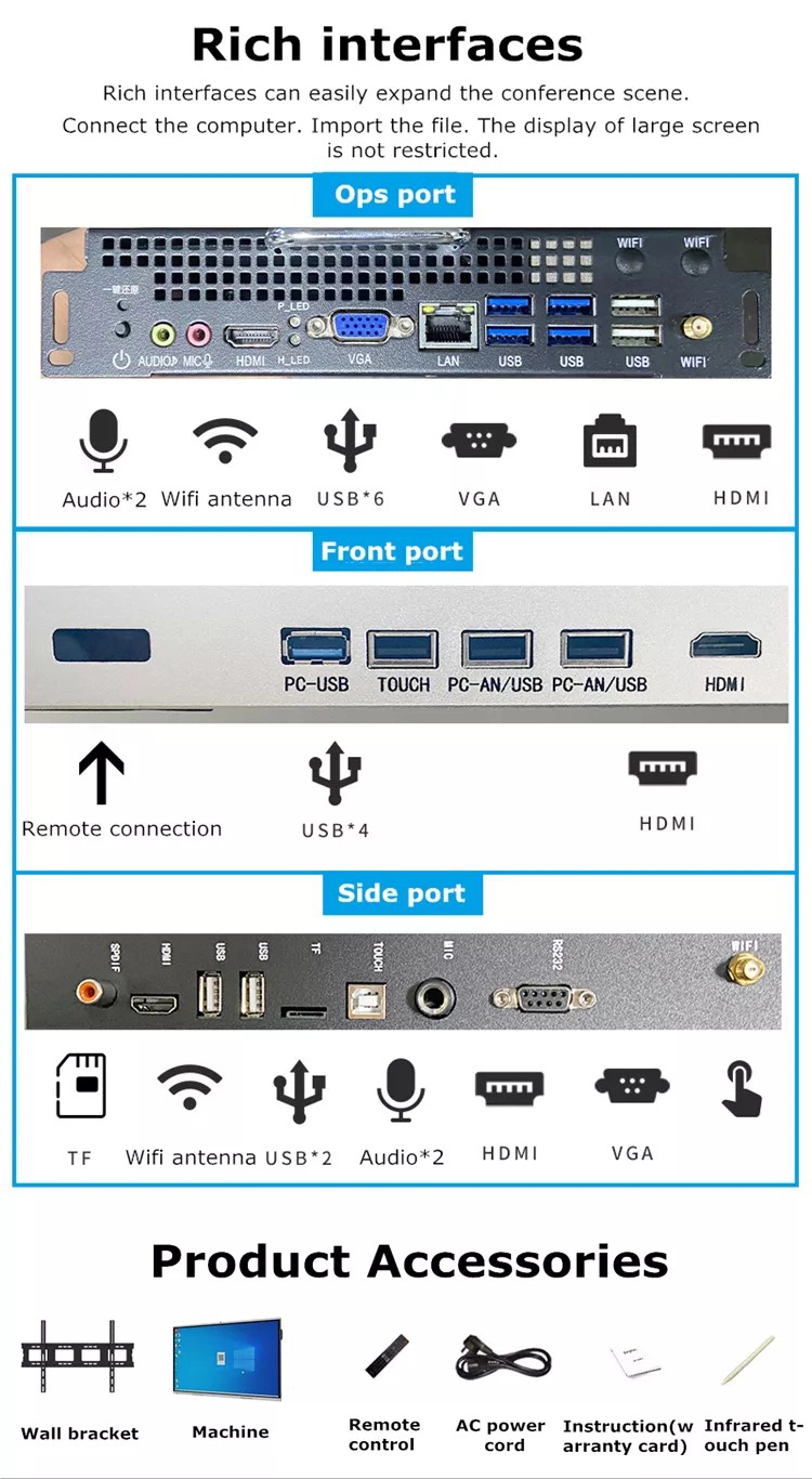 65 Inch CE Capacitive Touch Screen Customer Feedback Evaluator Bank Restaurant Ordering RJ45 Optional Poe NFC Camera Android Interactive Educational Smart Board