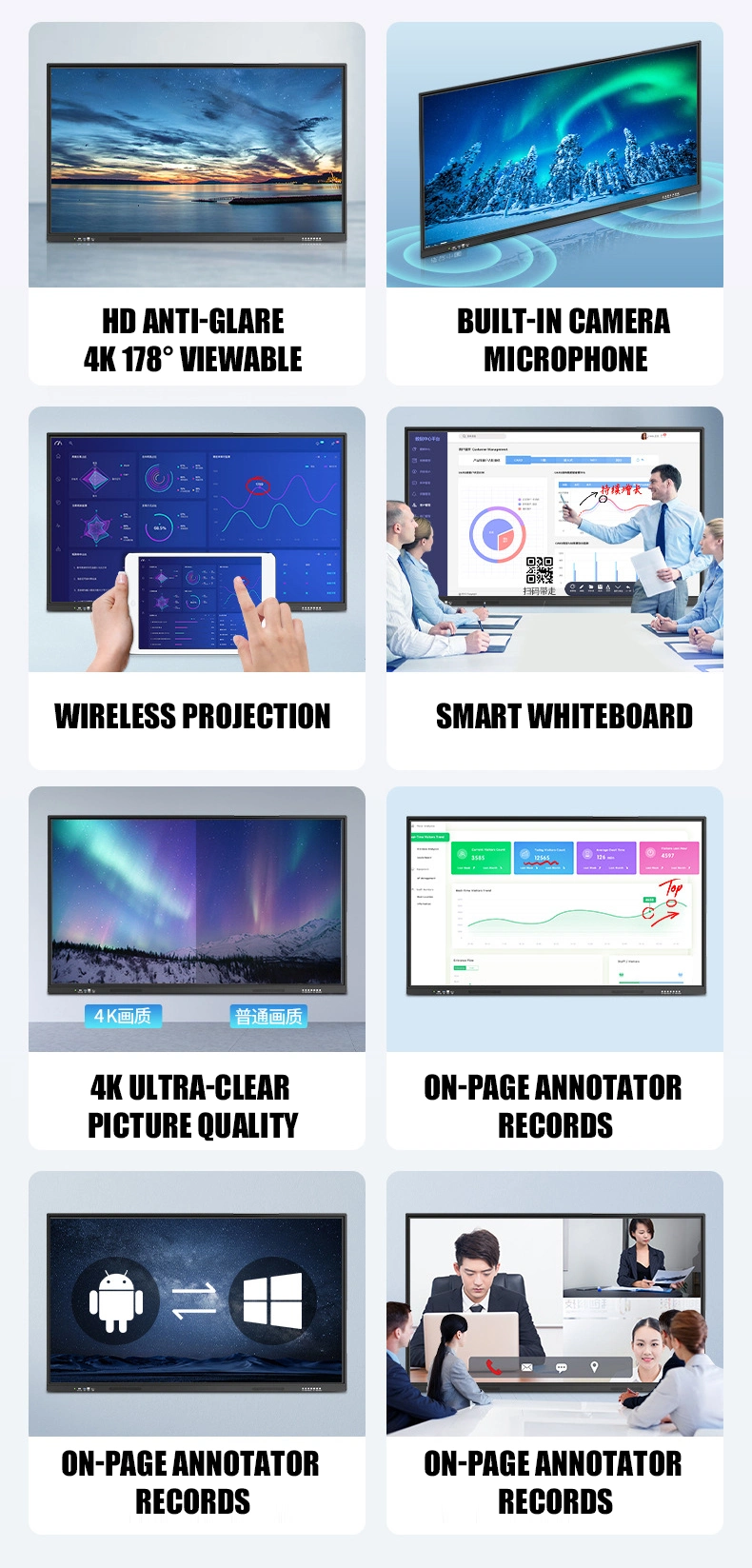 Dual OS Android / X86 Windows Capacitive or Infrared Touch Screen Interactive Whiteboard Classroom Teaching 55&quot;65&quot;75&quot;86&quot;98&quot;110&quot;Inch Smart Board